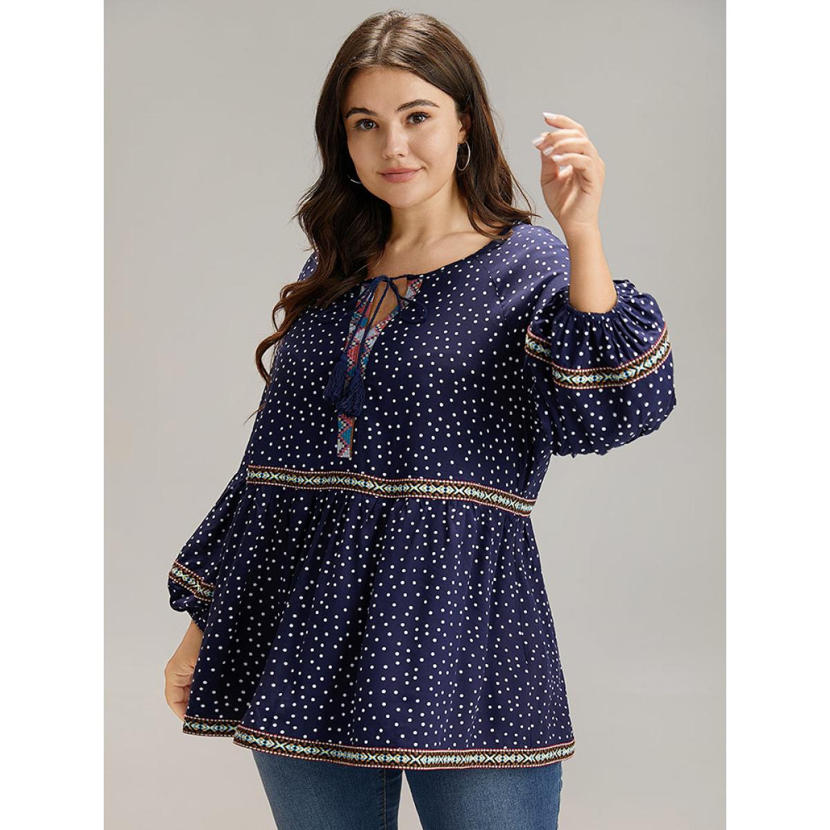 Plus Size Indigo Polka Dot Bandana Trim Ties Blouse Women Resort Long Sleeve Tie Neck Vacation Blouses BloomChic 14-16/1X Product Image