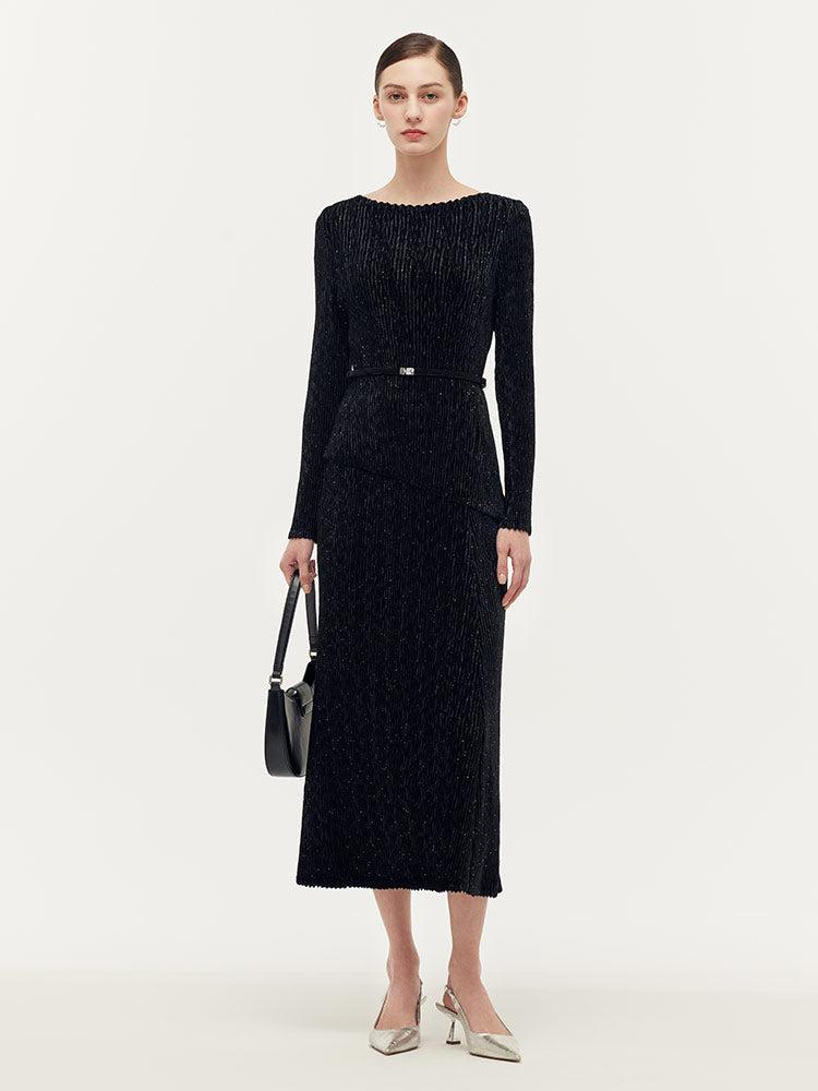 Velvet Glitter Stretch Asymmetrical Hem Top And Skirt Two-Piece Set Wi Product Image