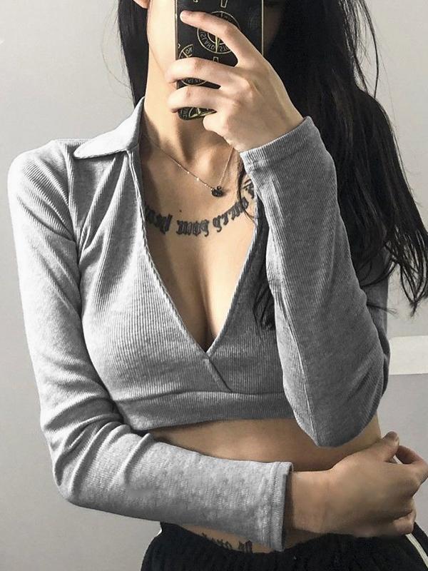 Solid Color Plunge Neck Crop Long Sleeve Knit Product Image