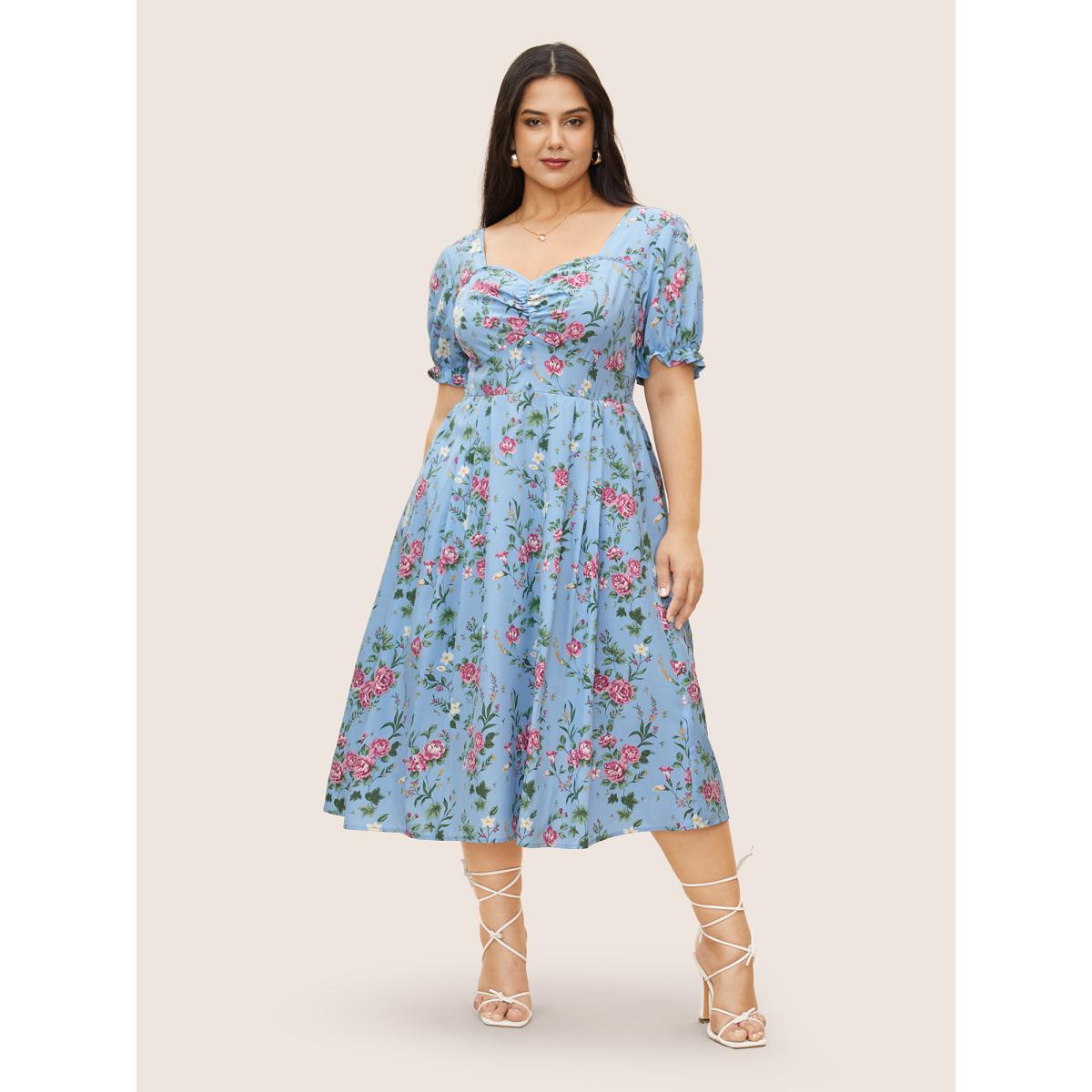 Plus Size Floral Heart Neckline Shirred Lantern Sleeve Dress LightBlue Women Elegant Gathered Heart neckline Short sleeve Curvy Midi Dress BloomChic 12/L Product Image