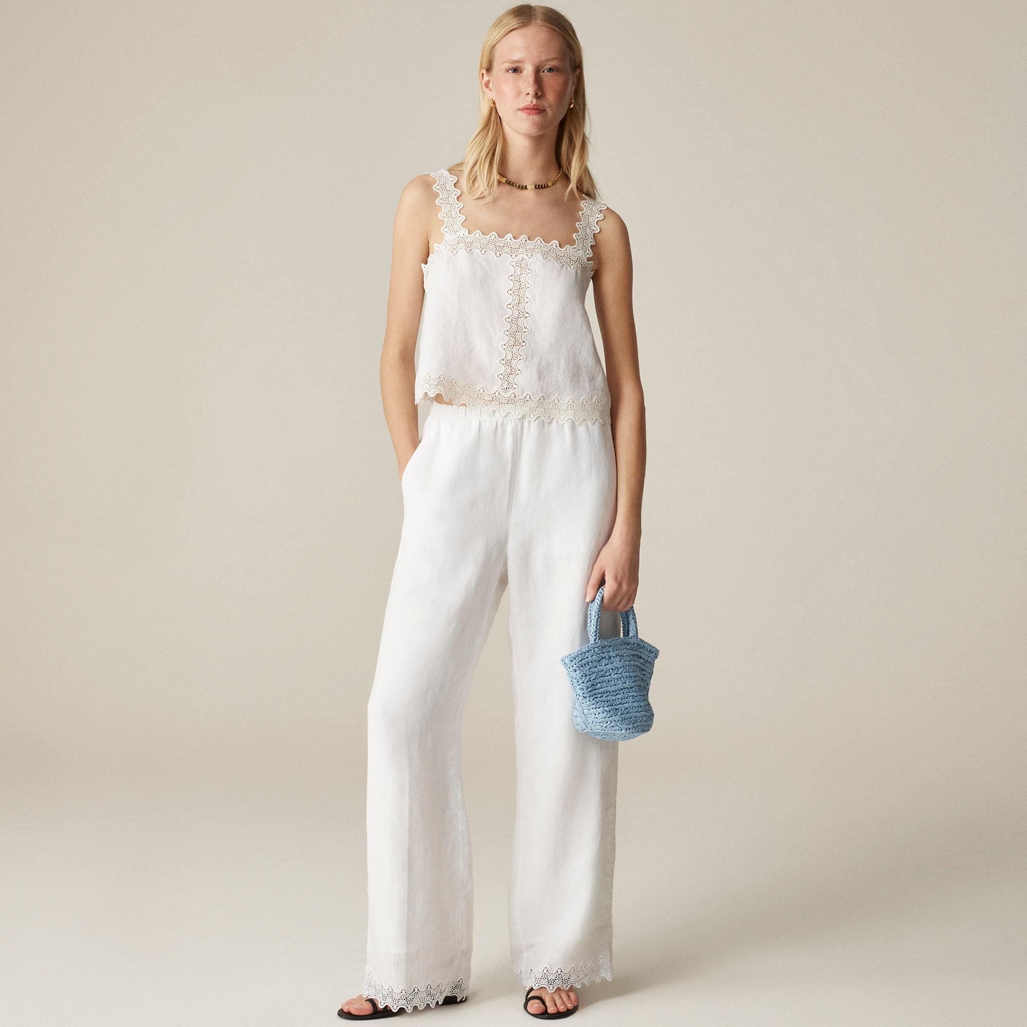 Lace-trim squareneck tank top in linen Product Image