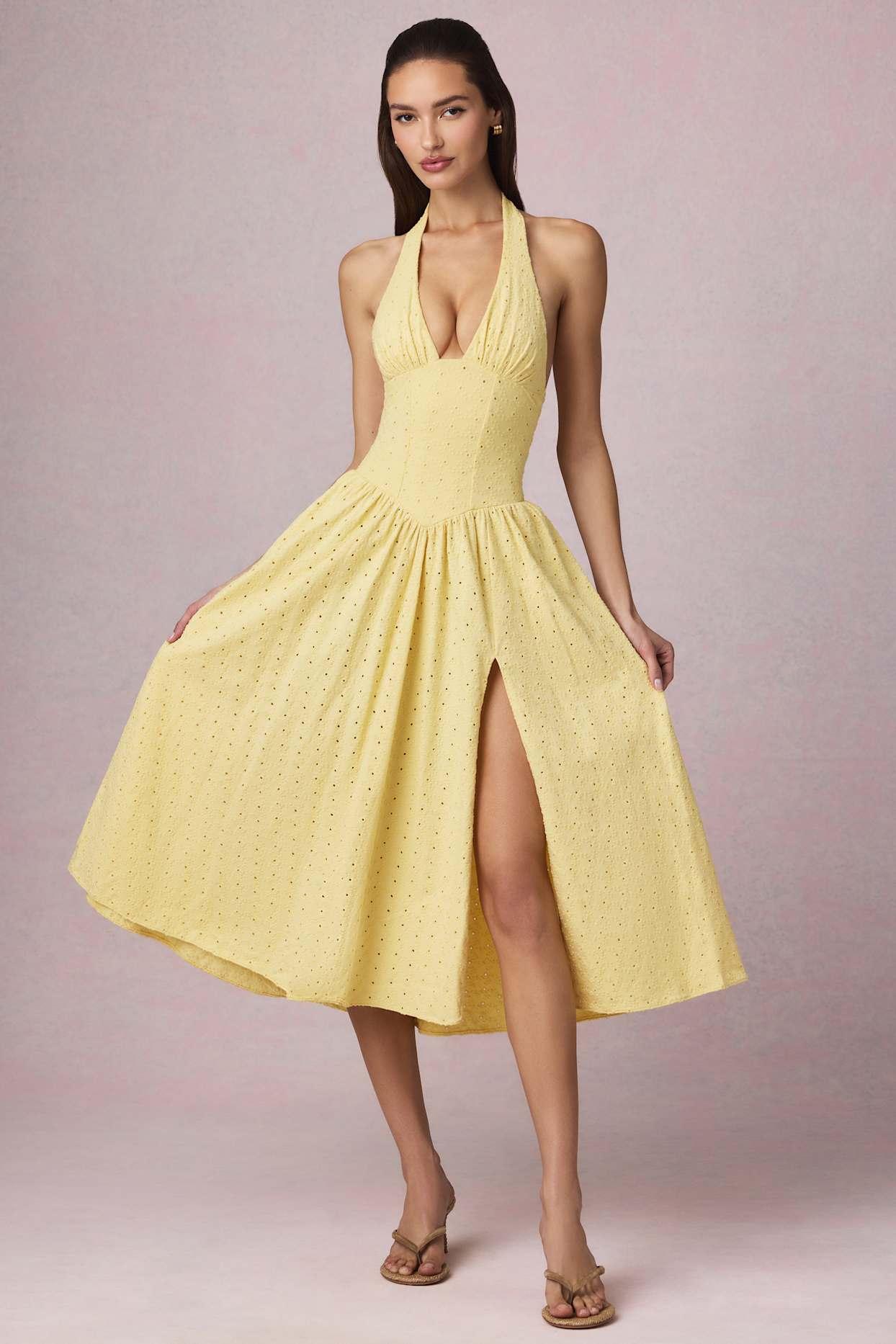 Broderie Anglaise Halterneck Midaxi Dress in Lemon Yellow Product Image