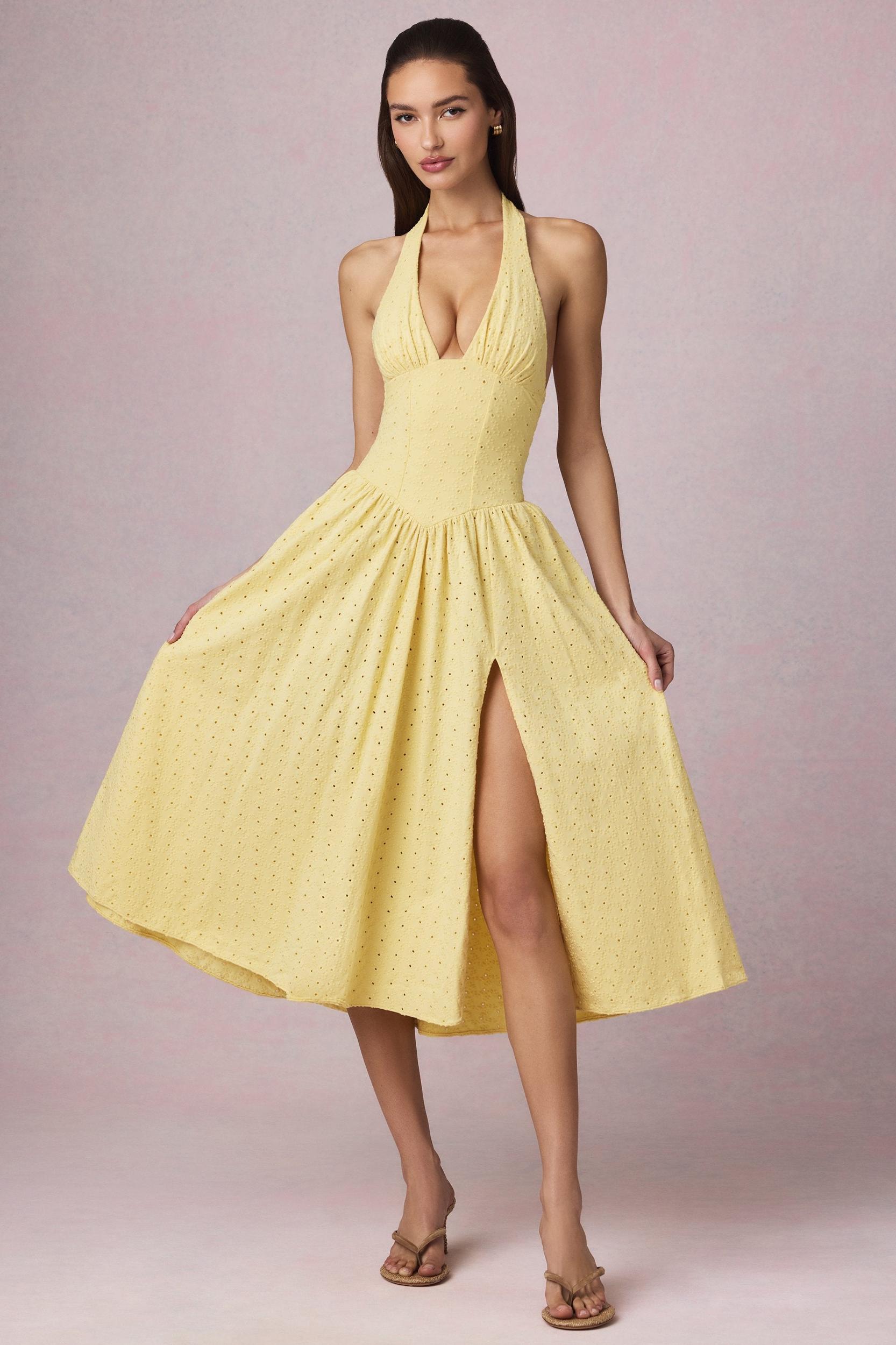 Broderie Anglaise Halterneck Midaxi Dress in Lemon Yellow Product Image