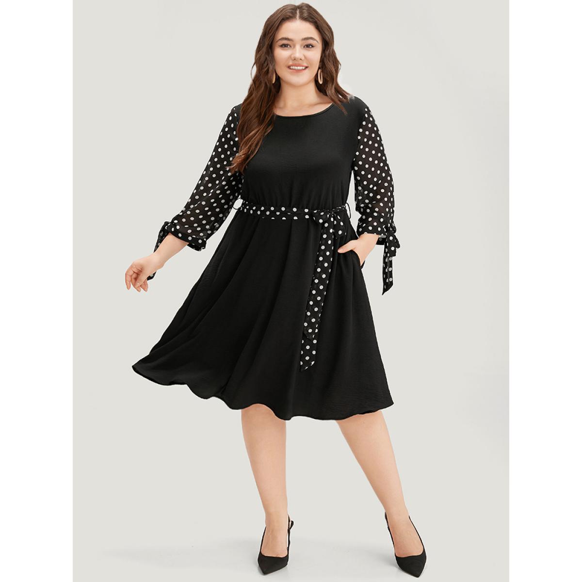 Plus Size Polka Dot Patchwork Mesh Belted Bowknot Dress Black Women Office See through Round Neck Long Sleeve Curvy Midi Dress BloomChic 26/4X Product Image