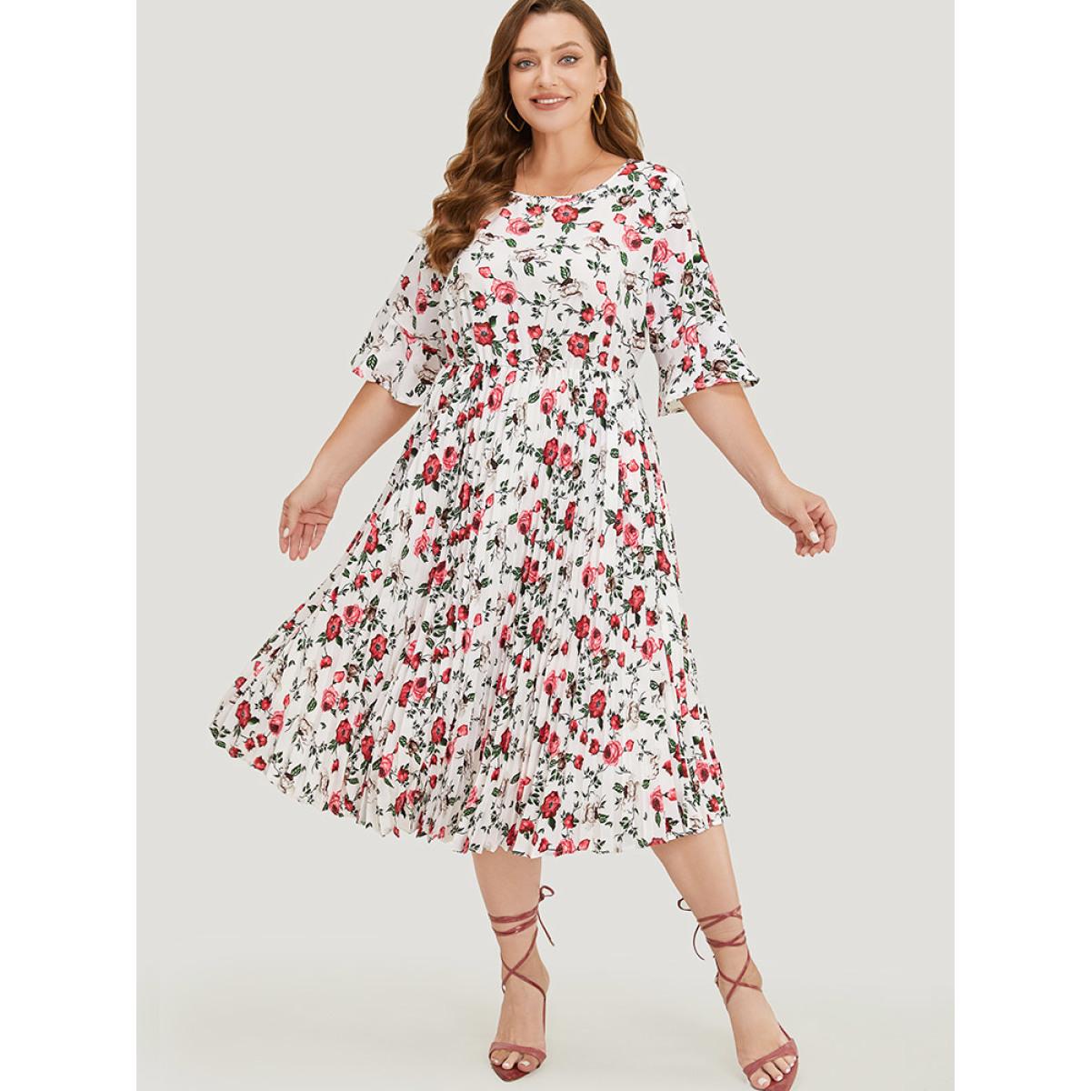 Plus Size Floral Print Pleated Hem Pocket Bell Sleeve Midi Dress Multicolor Women Elegant Pleated Round Neck Half Sleeve Curvy Midi Dress BloomChic 10/M Product Image