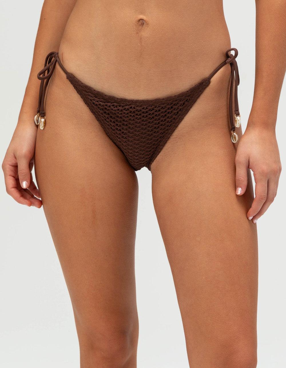 DAMSEL Crochet Tie Side Cheeky Bikini Bottoms - BROWN Product Image