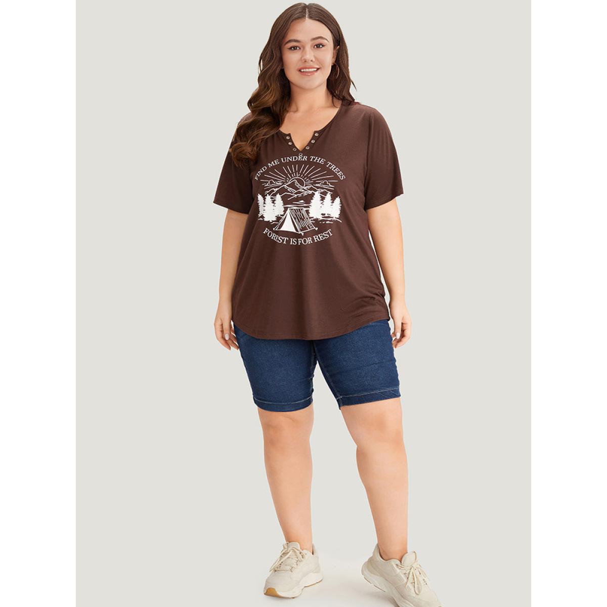 Plus Size Landscape Print Notched T-shirt DarkBrown Women Casual Printed Western Dailywear T-shirts BloomChic 28/5X Product Image
