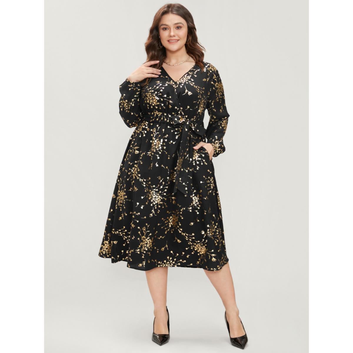 Plus Size Floral Pocket Lantern Sleeve Belted Surplice Neck Dress Black Women Party Belted V-neck Long Sleeve Curvy Midi Dress BloomChic 28/5X Product Image