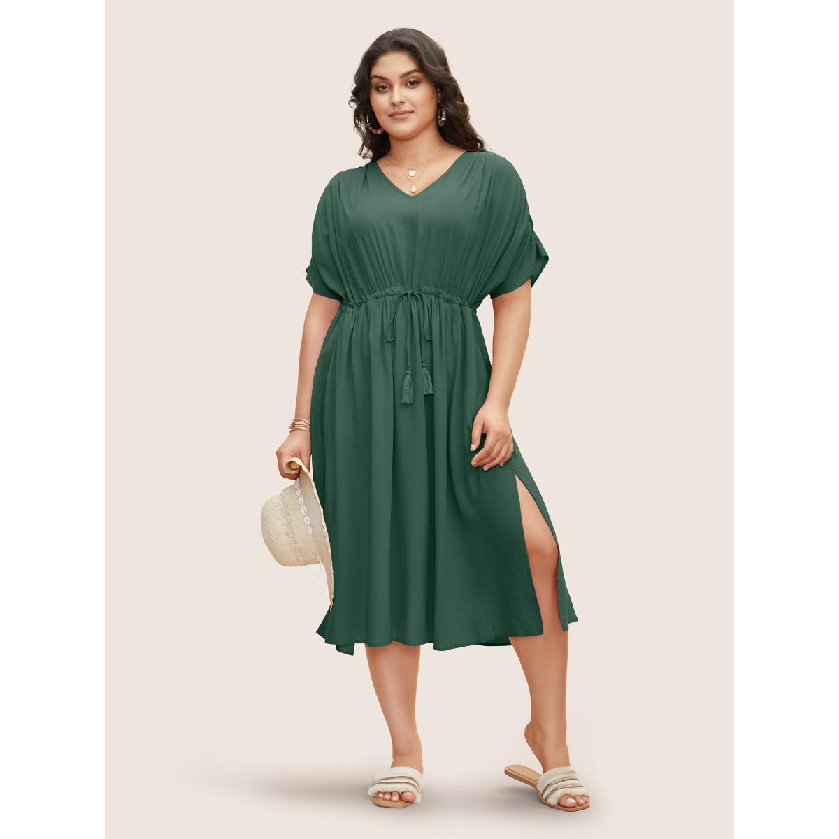 Plus Size Solid Drawstring Gathered Dolman Sleeve Dress DarkGreen Women Resort Gathered V-neck Half Sleeve Curvy BloomChic 14-16/1X Product Image