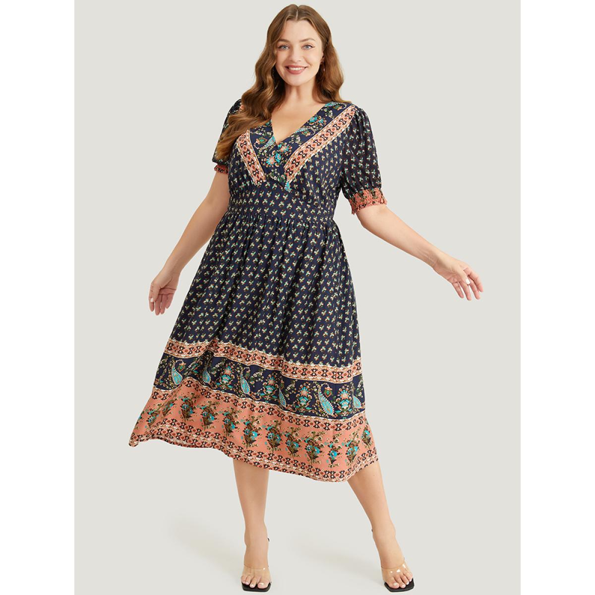 Plus Size Bandana Print Shirred Puff Sleeve Pocket Wrap Empire Waist Dress Indigo Women Vacation Wrap V-neck Short sleeve Curvy Midi Dress BloomChic 28/5X Product Image