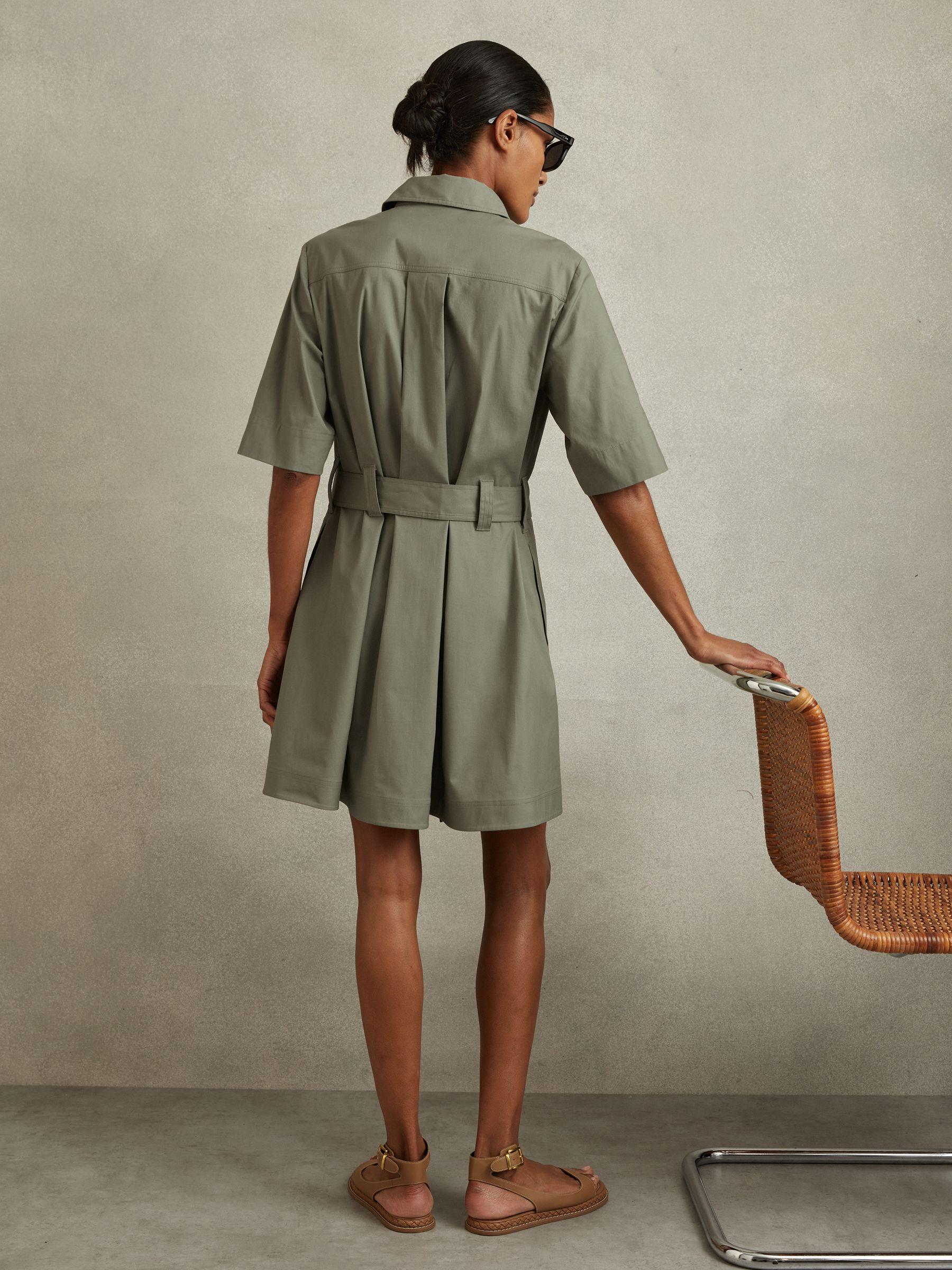 Pleated Belted Mini Dress in Khaki Product Image