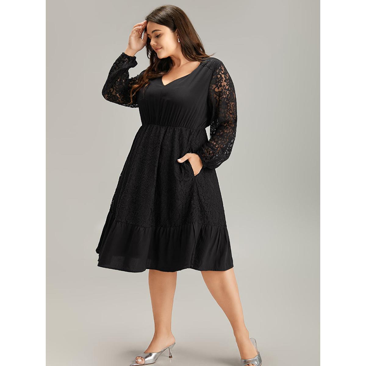 Plus Size Lace Panel Mesh Flutter Hem Dress Black Women Elegant Elastic cuffs V-neck Long Sleeve Curvy Midi Dress BloomChic 14-16/1X Product Image