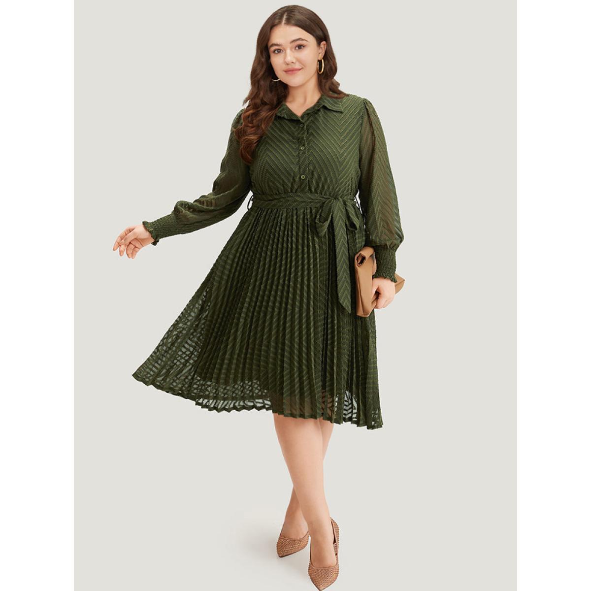 Plus Size Shirred Belted Pocket Shirt Collar Button Through Dress ArmyGreen Women Office Elastic cuffs Shirt collar Long Sleeve Curvy Midi Dress BloomChic 18-20/2X Product Image