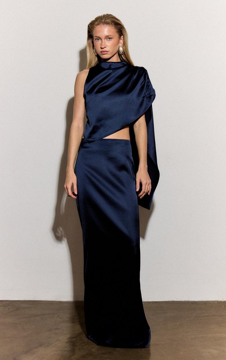 Navy Satin Low Rise Maxi Skirt Product Image