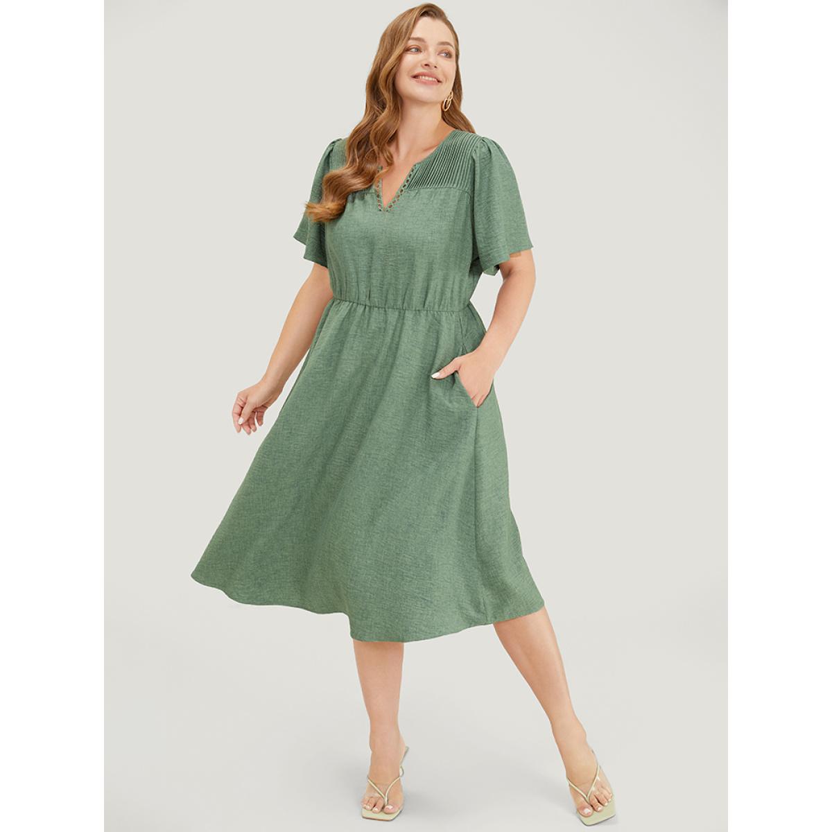 Plus Size Solid Pleated Detail Lace Pocket Ruffle Sleeve Dress Emerald Women Elegant Pleated V-neck Short sleeve Curvy Midi Dress BloomChic 18-20/2X Product Image