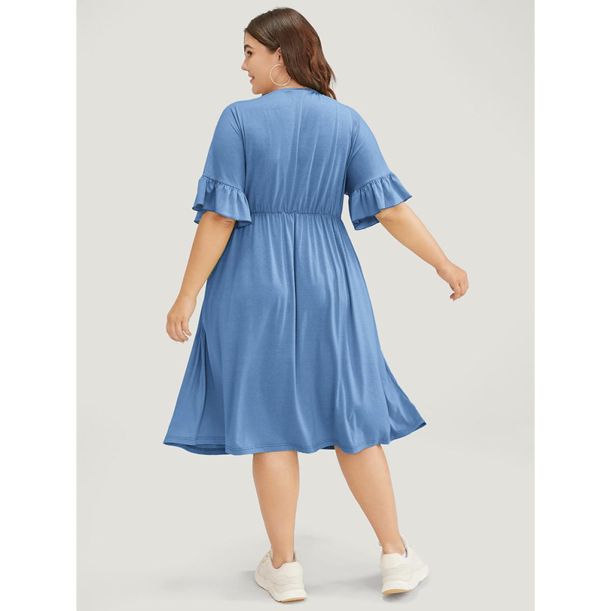 Plus Size Solid Pocket Button Detail Ruffle Sleeve Midi Dress Stone Women Casual Button V-neck Short sleeve Curvy Midi Dress BloomChic 26/4X Product Image
