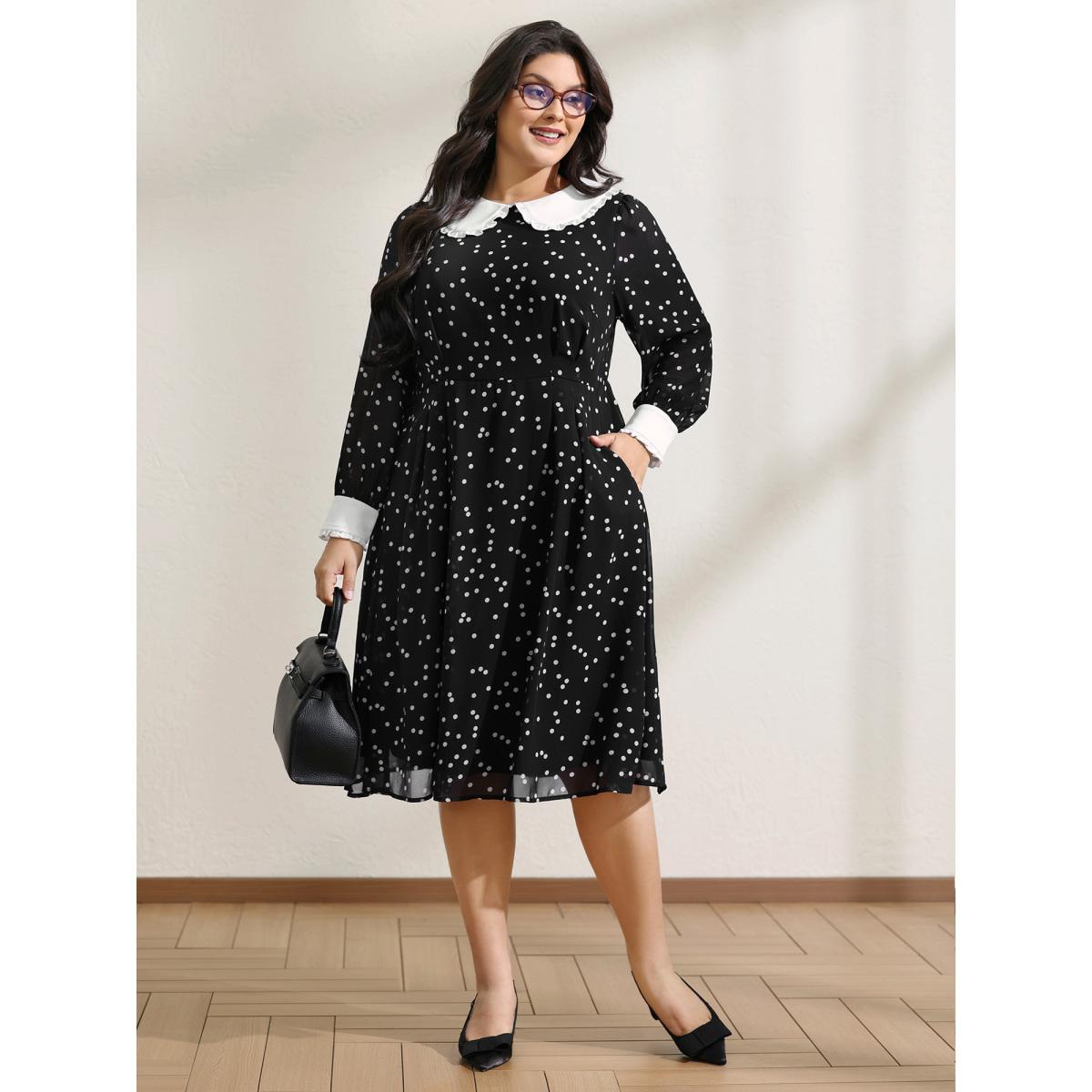 Plus Size Polka Dots Doll Collar Contrast Midi Dress Black Women Timeless Contrast Peter Pan collar Long Sleeve Curvy BloomChic 26/4X Product Image