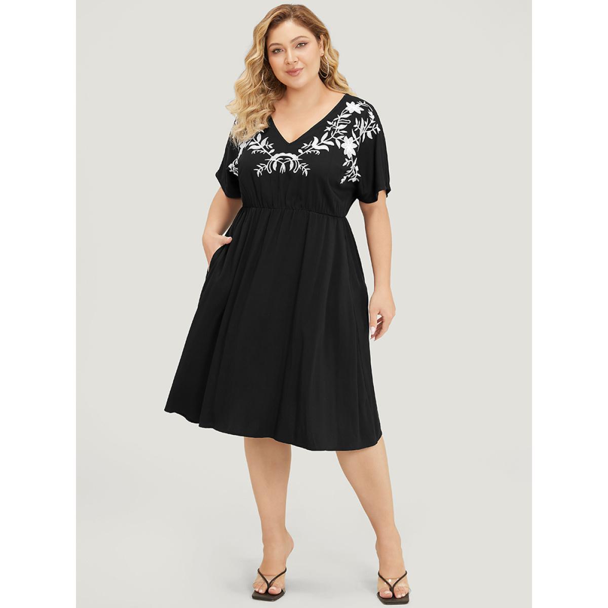Plus Size Floral Embroidered Pocket Dolman Sleeve Ruffle Dress Black Women Vacation Embroidered V-neck Short sleeve Curvy Knee Dress BloomChic 22-24/3X Product Image
