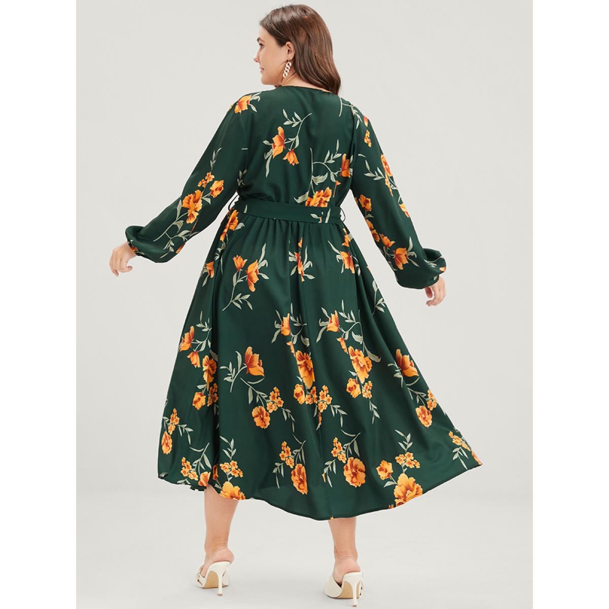 Plus Size Floral Pocket Lantern Sleeve Flutter Split Hem Ties Wrap Dress DarkGreen Women Elegant Cross straps V-neck Long Sleeve Curvy Midi Dress BloomChic 22-24/3X Product Image