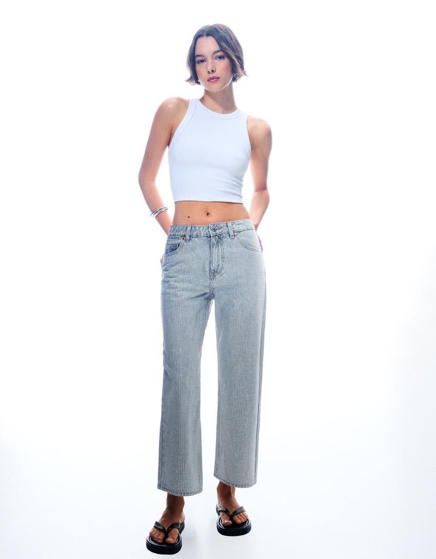 Straight cropped jeans with rhinestones Product Image