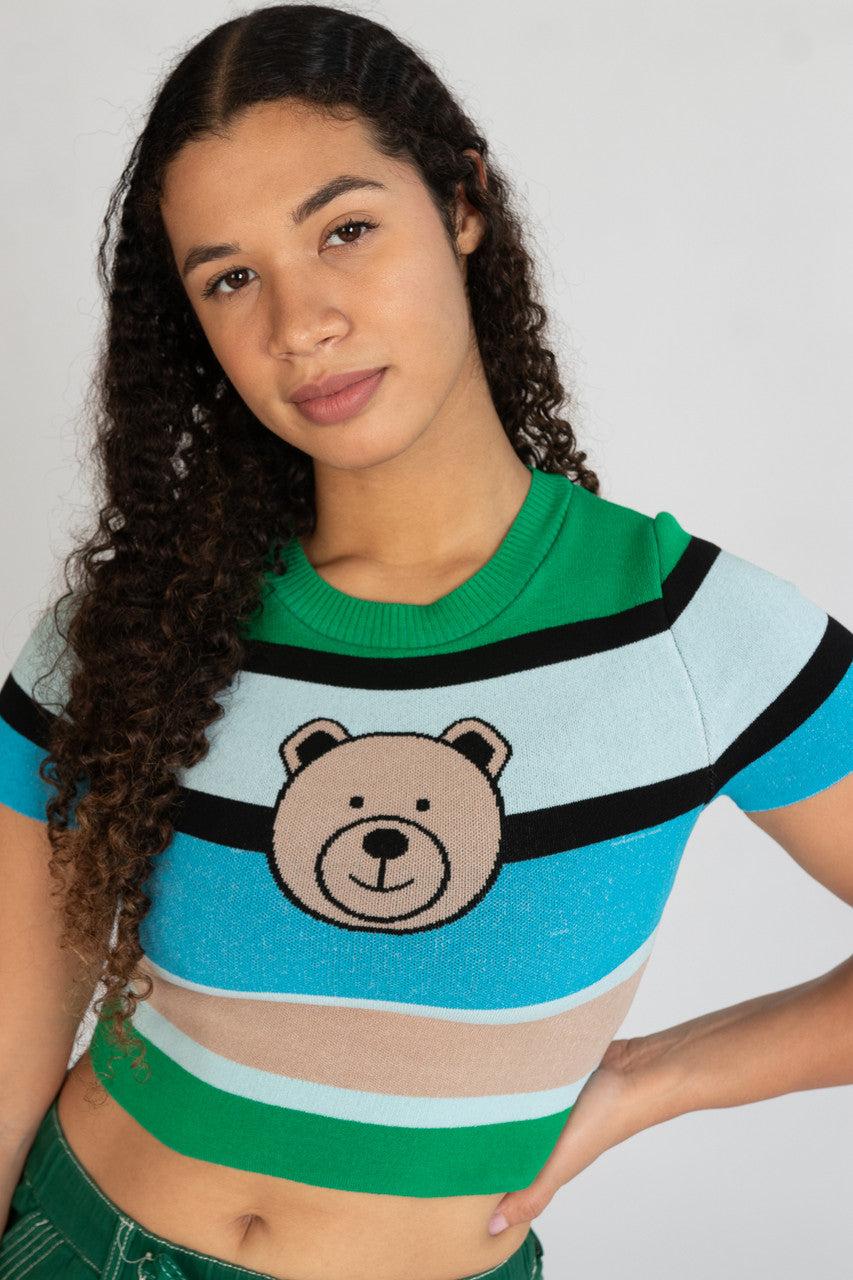 Short Sleeve Striped Teddy Bear Sweater Product Image