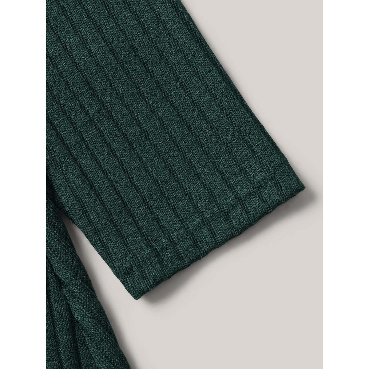 Plus Size Solid Pocket Rib Knit Ruffle Hem Dress Without Belt DarkGreen Women Leisure Non Round Neck Long Sleeve Curvy Midi Dress BloomChic 28/5X Product Image