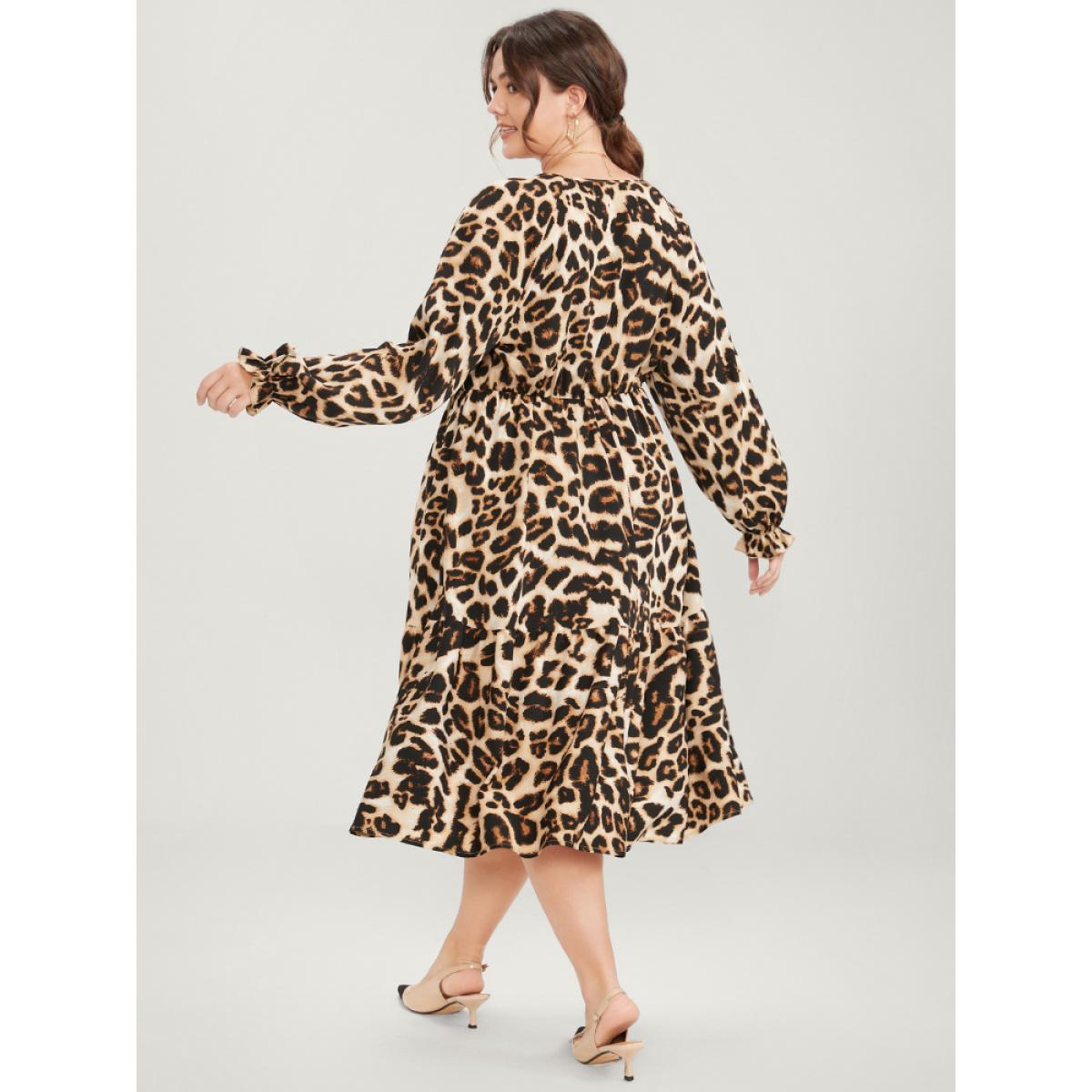 Plus Size Leopard Lantern Sleeve Pocket Ruffles Tiered Dress DarkBrown Women Office Pocket V-neck Long Sleeve Curvy Midi Dress BloomChic 26/4X Product Image
