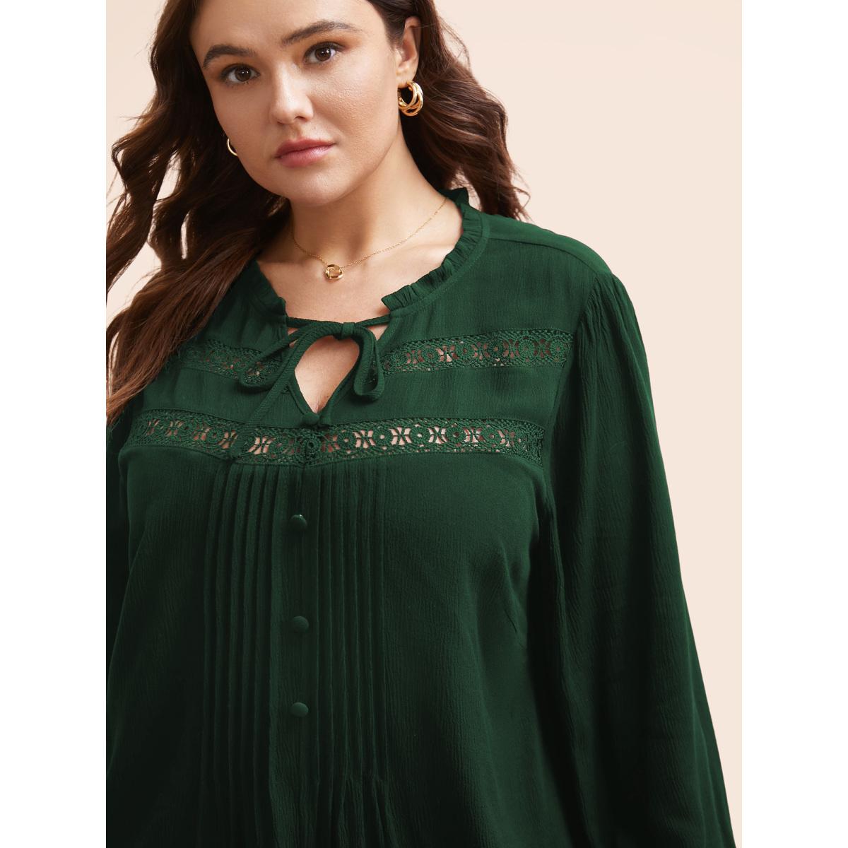 Plus Size DarkGreen Lace Patchwork Pleated Ruffles Blouse Women Timeless Long Sleeve V-neck Elegant Blouses BloomChic 12/L Product Image