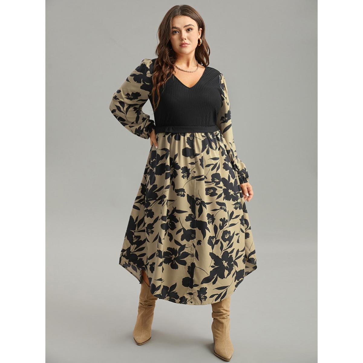 Plus Size Silhouette Floral Print Rib Knit Patchwork Dress LightBrown Women Elegant Elastic cuffs V-neck Long Sleeve Curvy Midi Dress BloomChic 18-20/2X Product Image