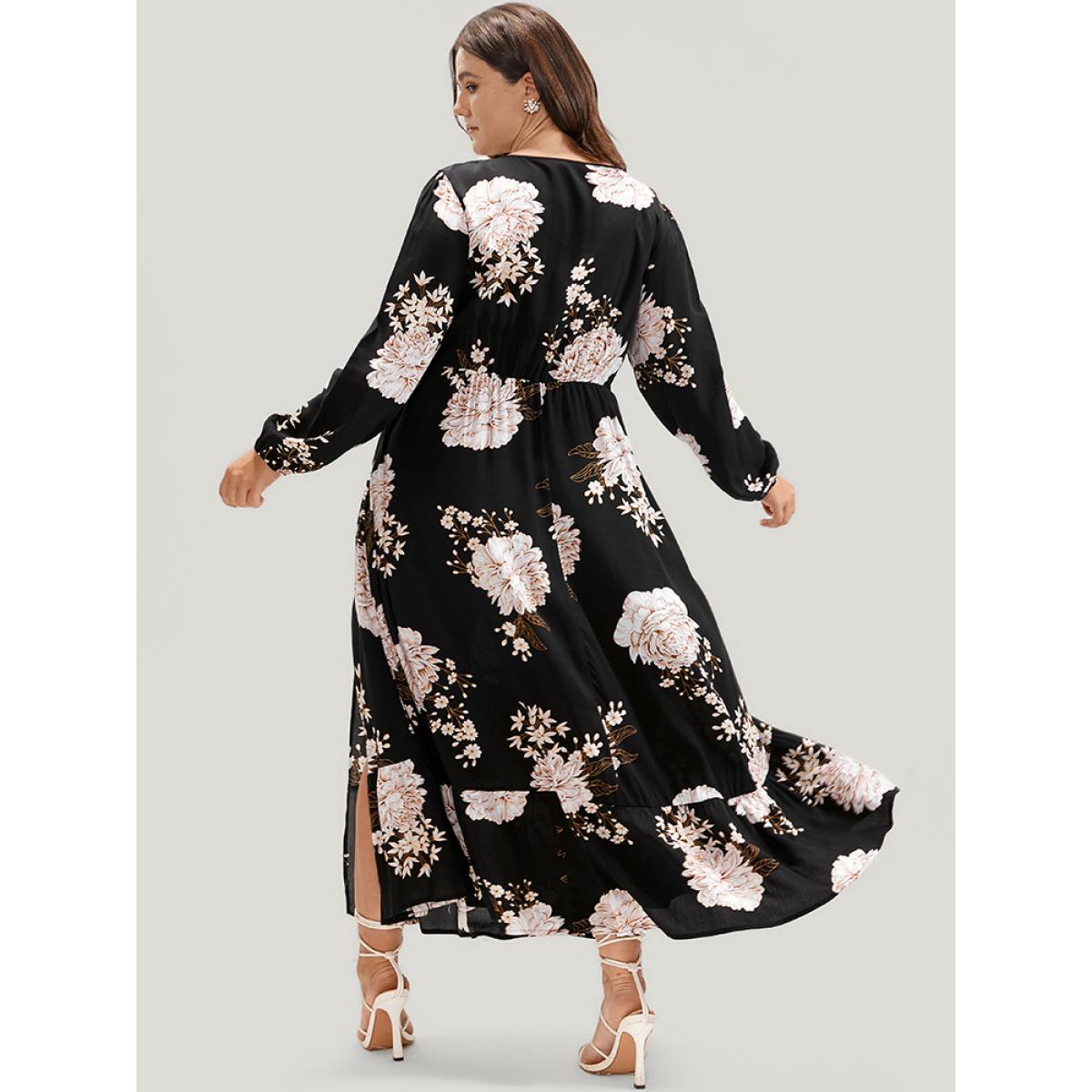 Plus Size Floral Lantern Sleeve Ties Up Pocket Split Flutter Dress Black Women Elegant Elastic Waist V-neck Long Sleeve Curvy Long Dress BloomChic 22-24/3X Product Image