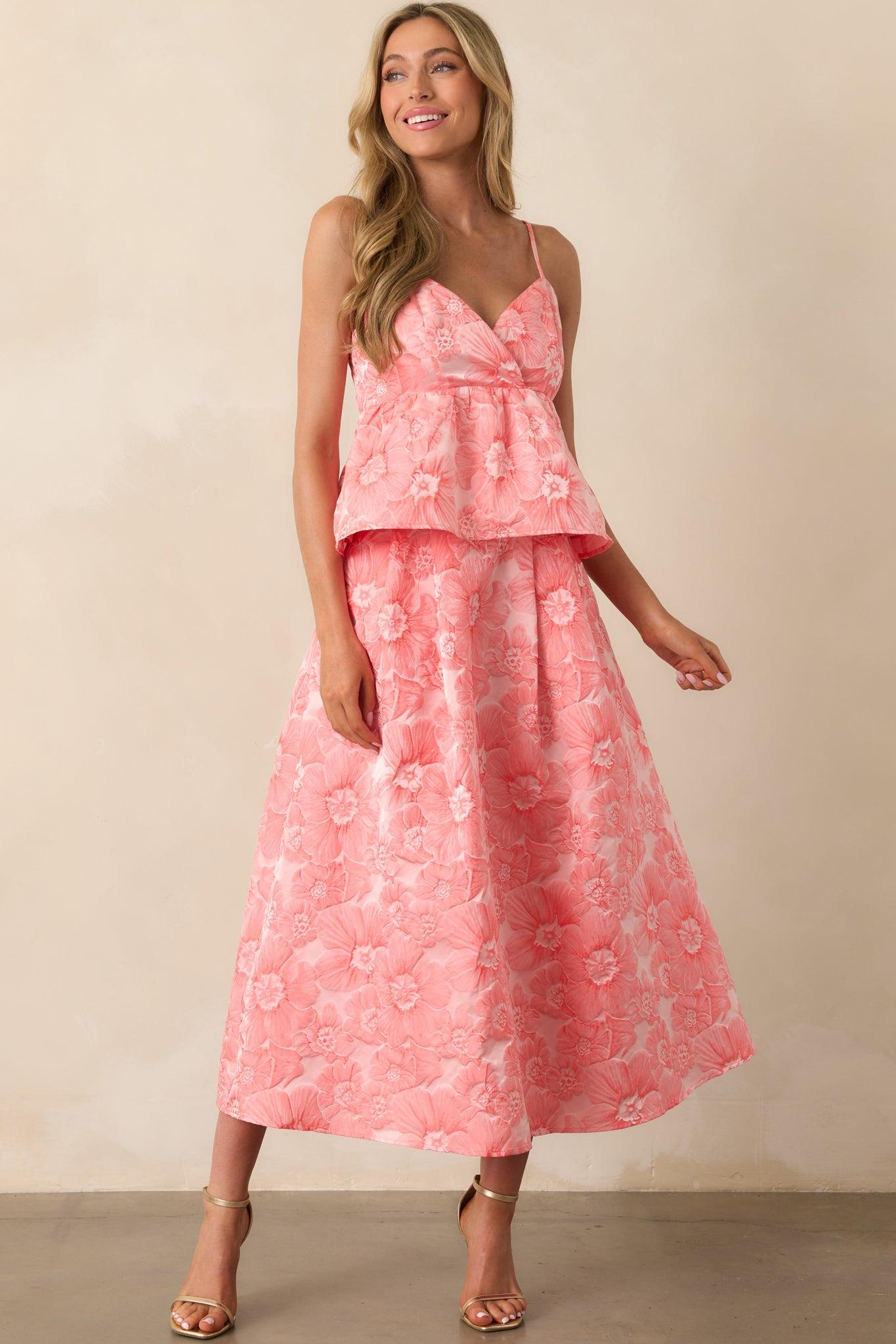 Sunlit Stroll Pink Coral Floral Jacquard Peplum Top Product Image