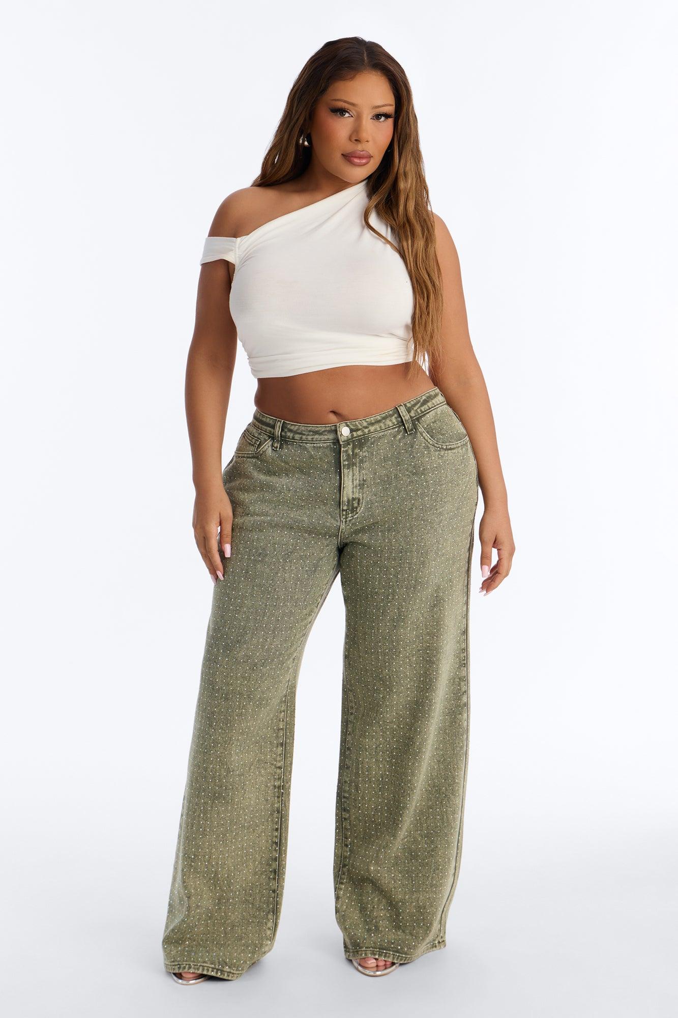 Dazzling Days Low Rise Washed Embellished Pant - Olive Female Product Image
