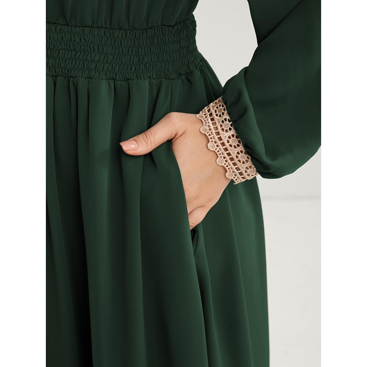 Plus Size Solid Lantern Sleeve Shirred Pocket Lace Trim Ruffle Hem Dress Green Women Elegant Patchwork V-neck Long Sleeve Curvy Midi Dress BloomChic 10/M Product Image