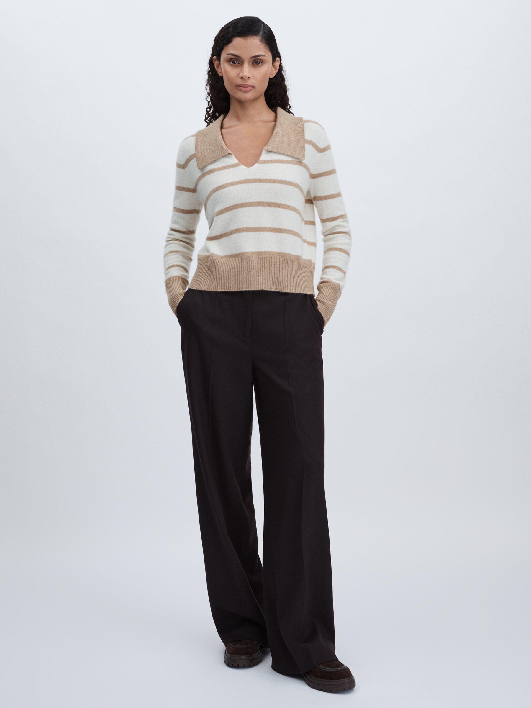 Cashmere Open Collar Striped Jumper in White/Beige Product Image