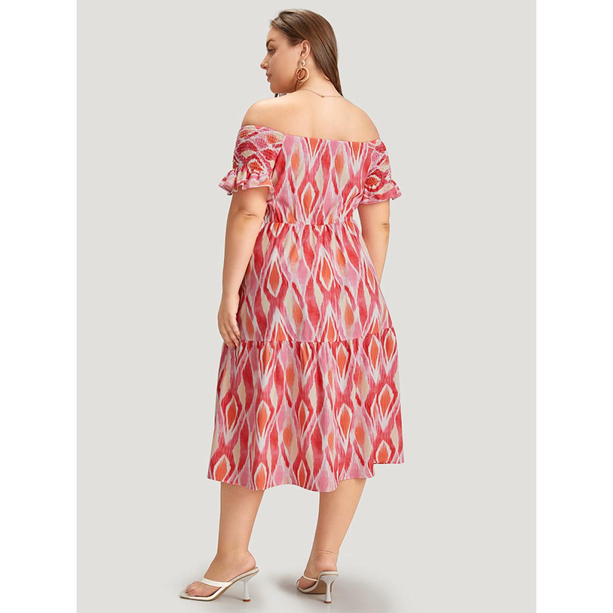 Plus Size Geometric Print Pocket Shirred Ruffles Sleeve Off Shoulder Dress Multicolor Women Elegant One-shoulder neck Short sleeve Curvy Midi Dress BloomChic 28/5X Product Image