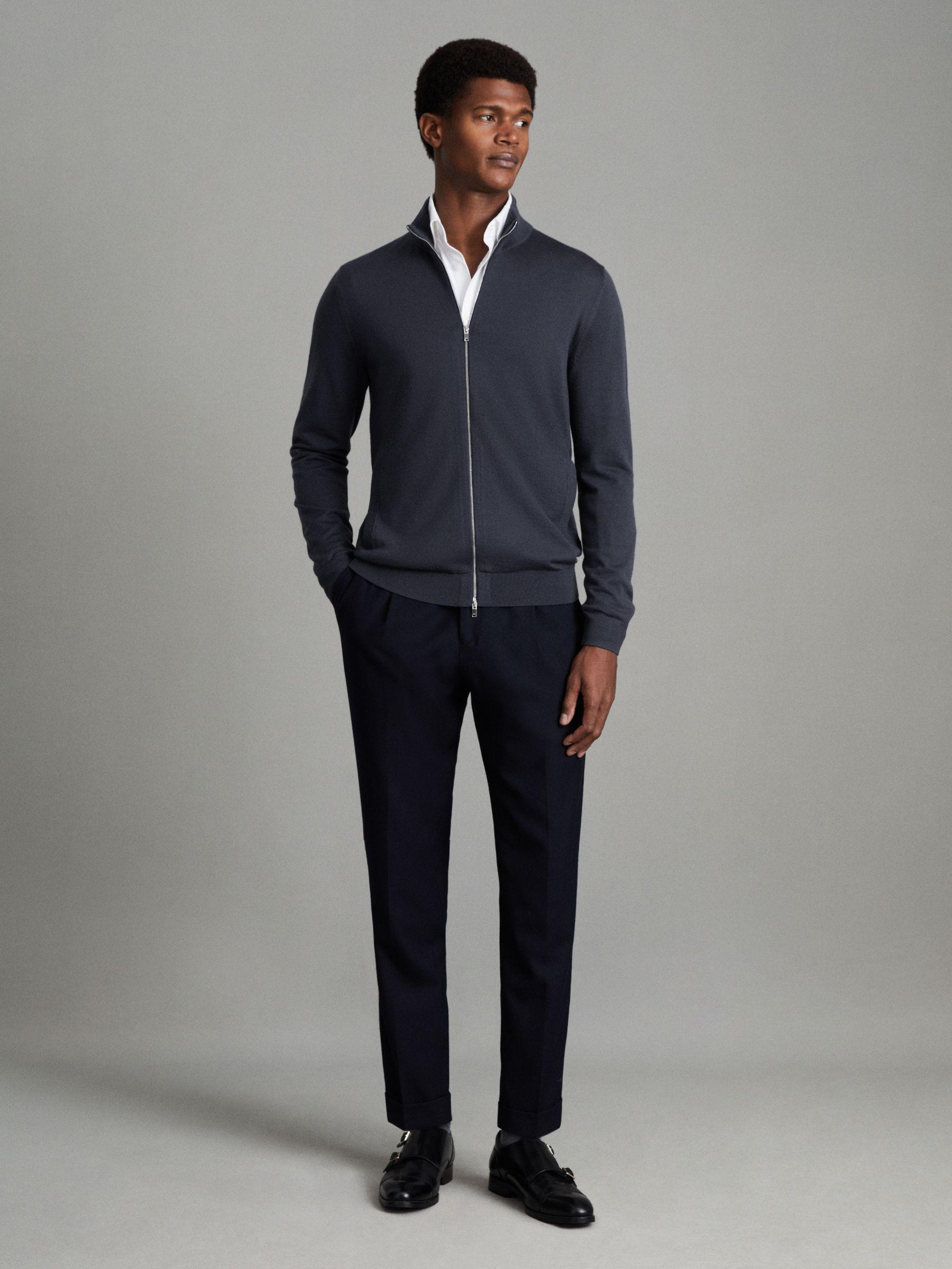 Merino Wool Funnel-Neck Cardigan in Blue Smoke Product Image