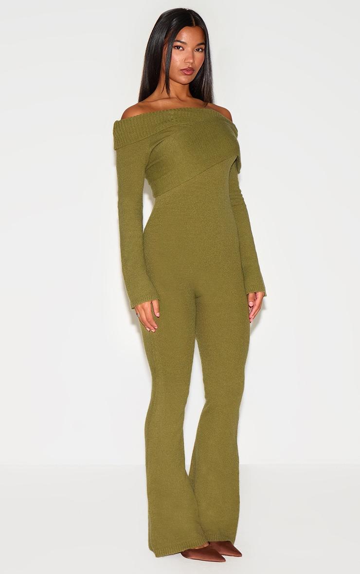 Olive Soft Knit Bardot Foldover Asymmetric Neck Jumpsuit Product Image