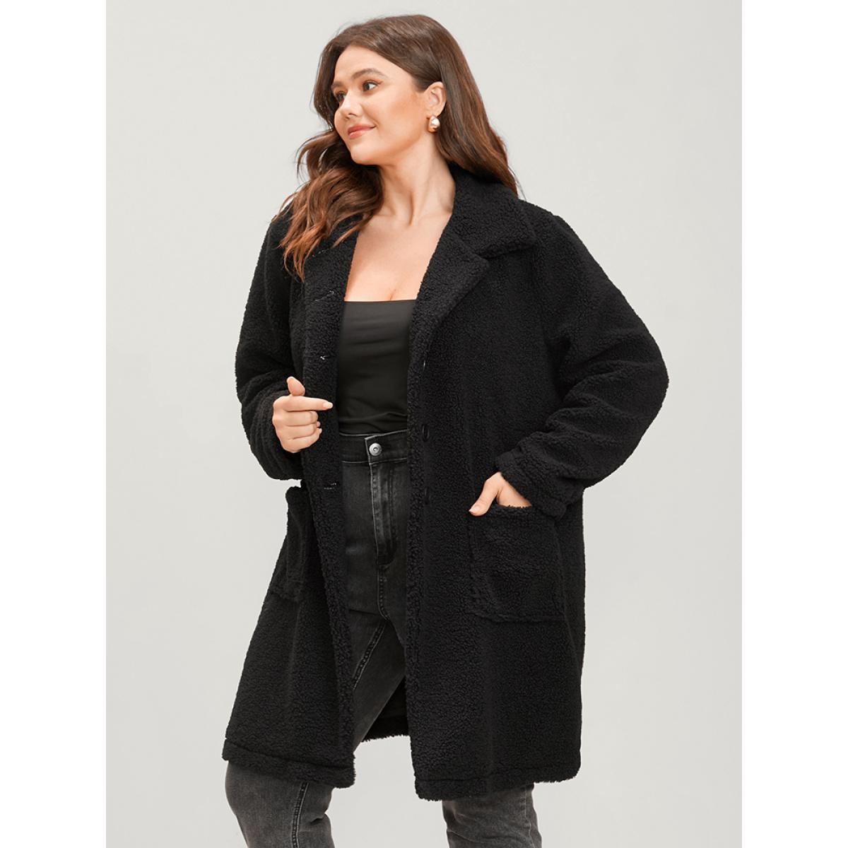 Plus Size Solid Suit Collar Pocket Button Up Teddy Blazer Women Black Casual Ladies Dailywear Winter Coats BloomChic 18-20/2X Product Image