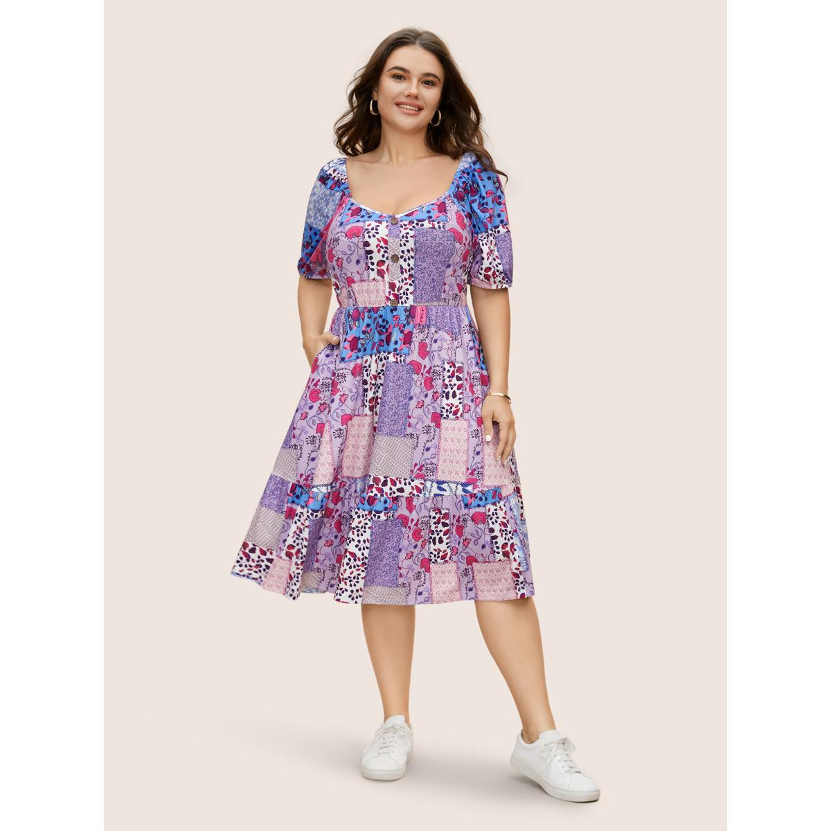Plus Size Patchwork Boho Print Raglan Sleeve Midi Dress Mauve Women Casual V-neck Short sleeve Curvy BloomChic 26/4X Product Image