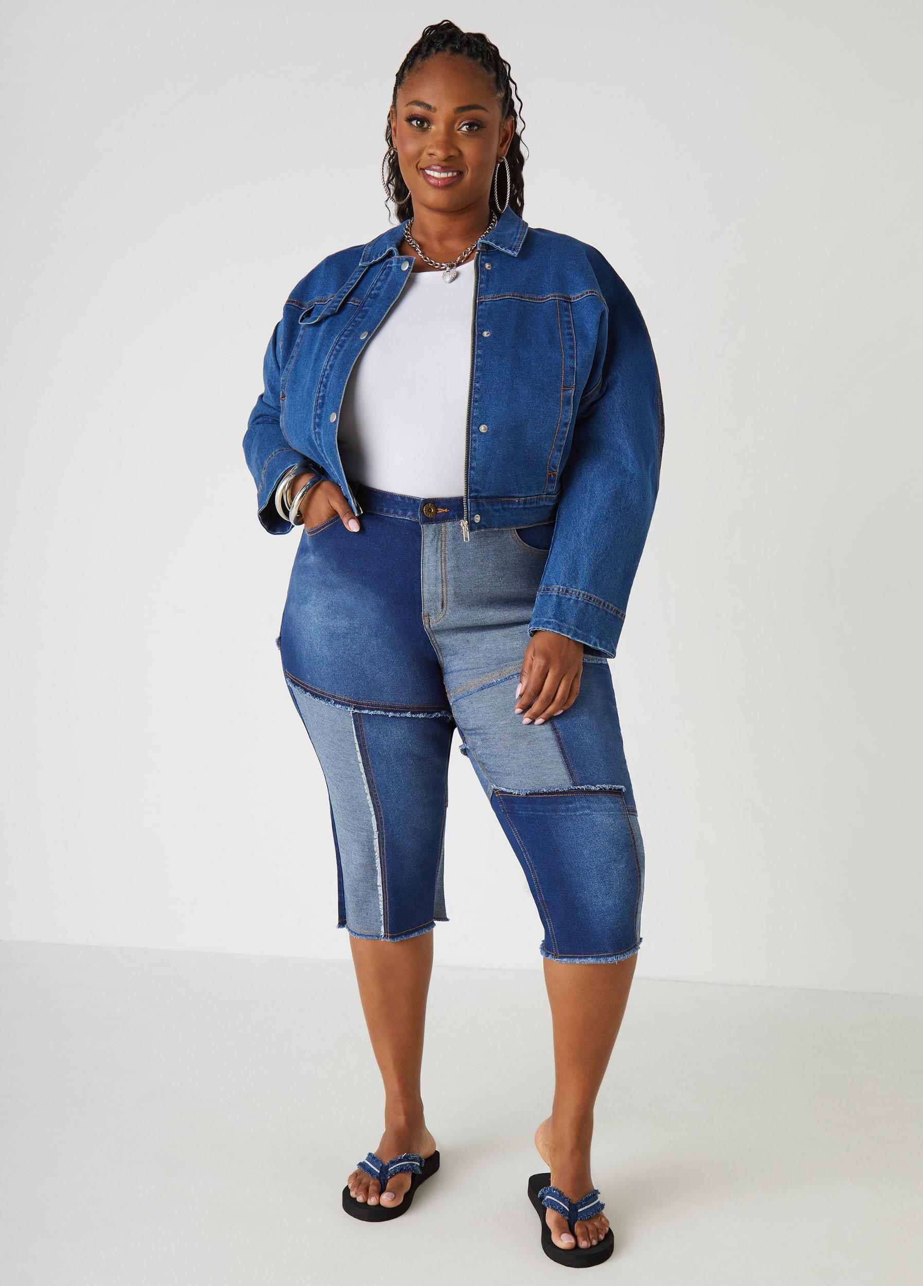 Frayed Patchwork Denim Capris Product Image