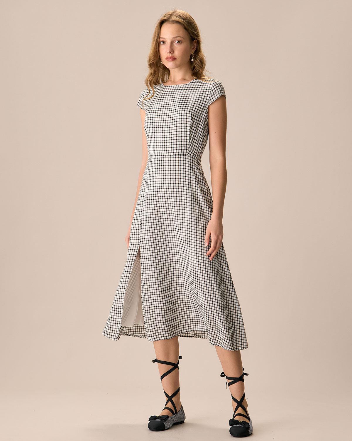 The Black Round Neck Cap Sleeve Plaid Midi Dress Product Image