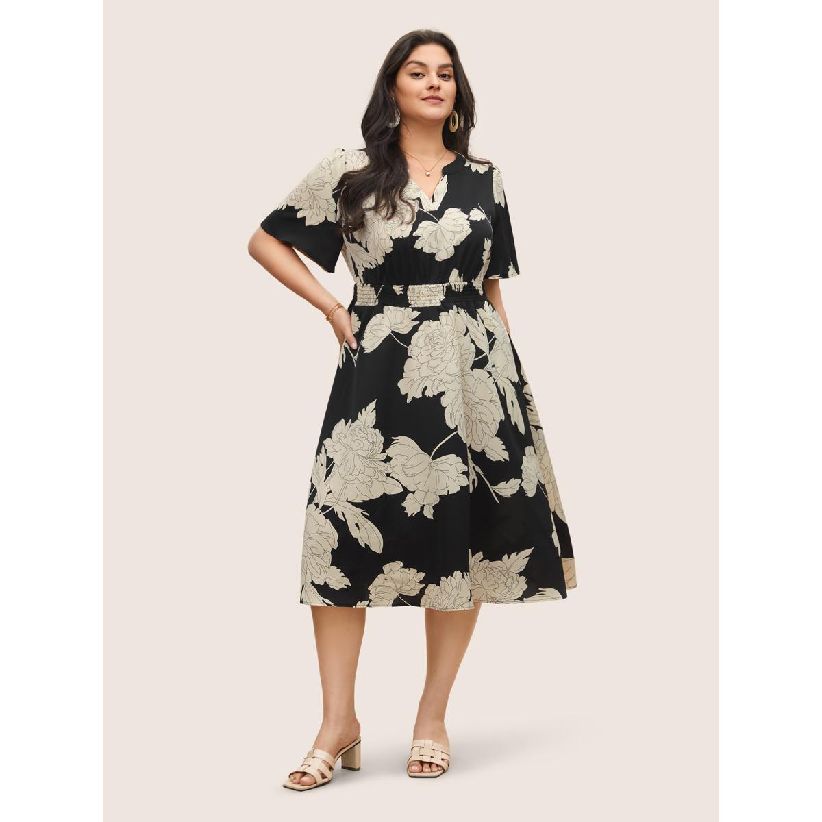 Plus Size Floral Print Notched Belted Flutter Sleeve Dress Black Women Elegant Non Notched collar Short sleeve Curvy Midi Dress BloomChic 14-16/1X Product Image