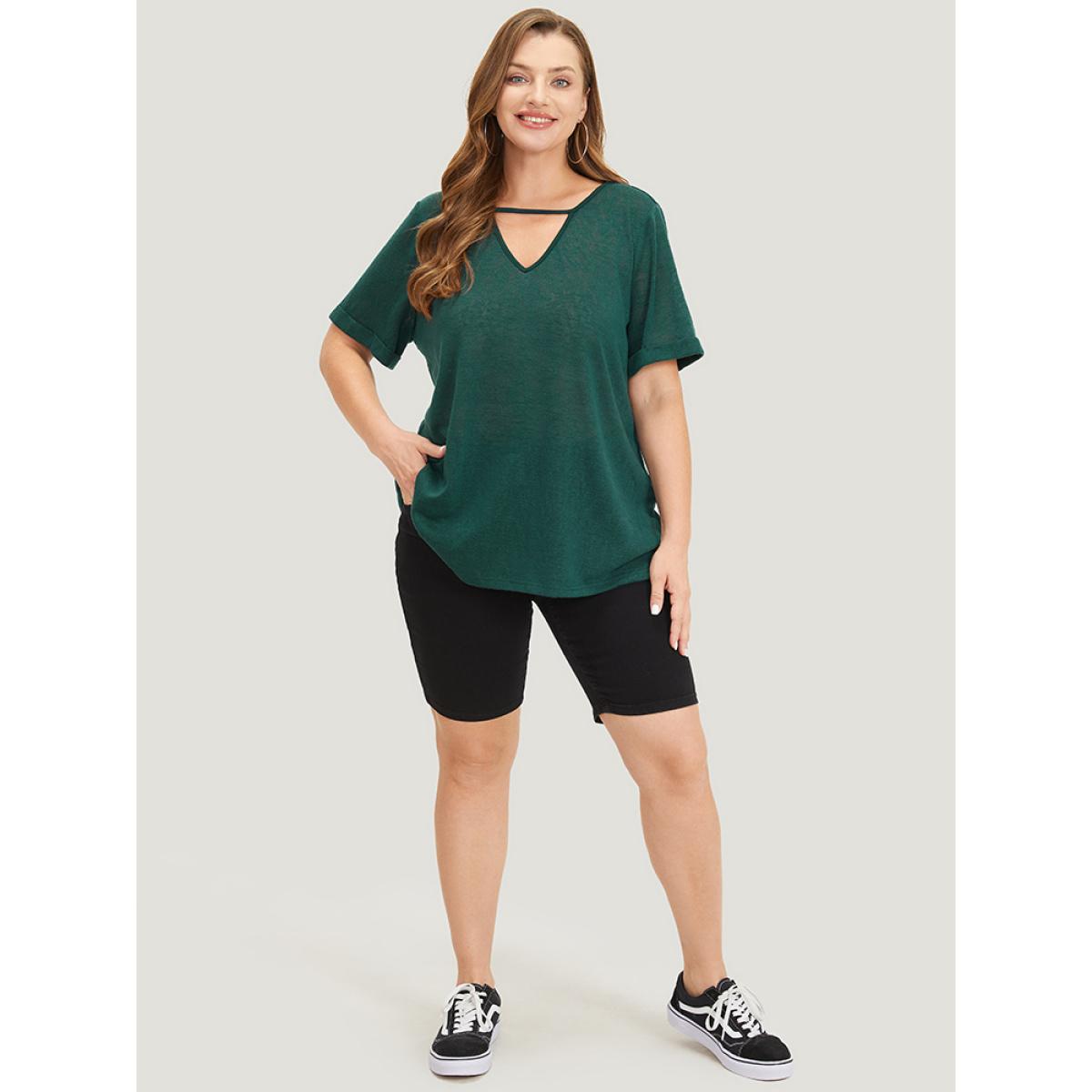 Plus Size Solid Keyhole Mesh Cuffed Sleeve T-shirt DarkGreen Women Casual See through Plain Keyhole Cut-Out Dailywear T-shirts BloomChic 26/4X Product Image