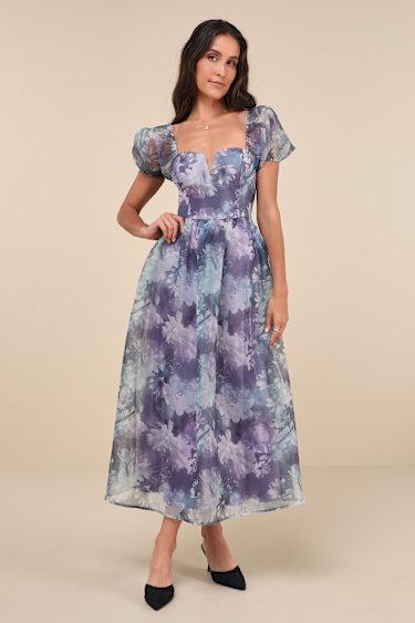 Lovely Statement Purple Floral Organza Tie-Back Midi Dress Product Image