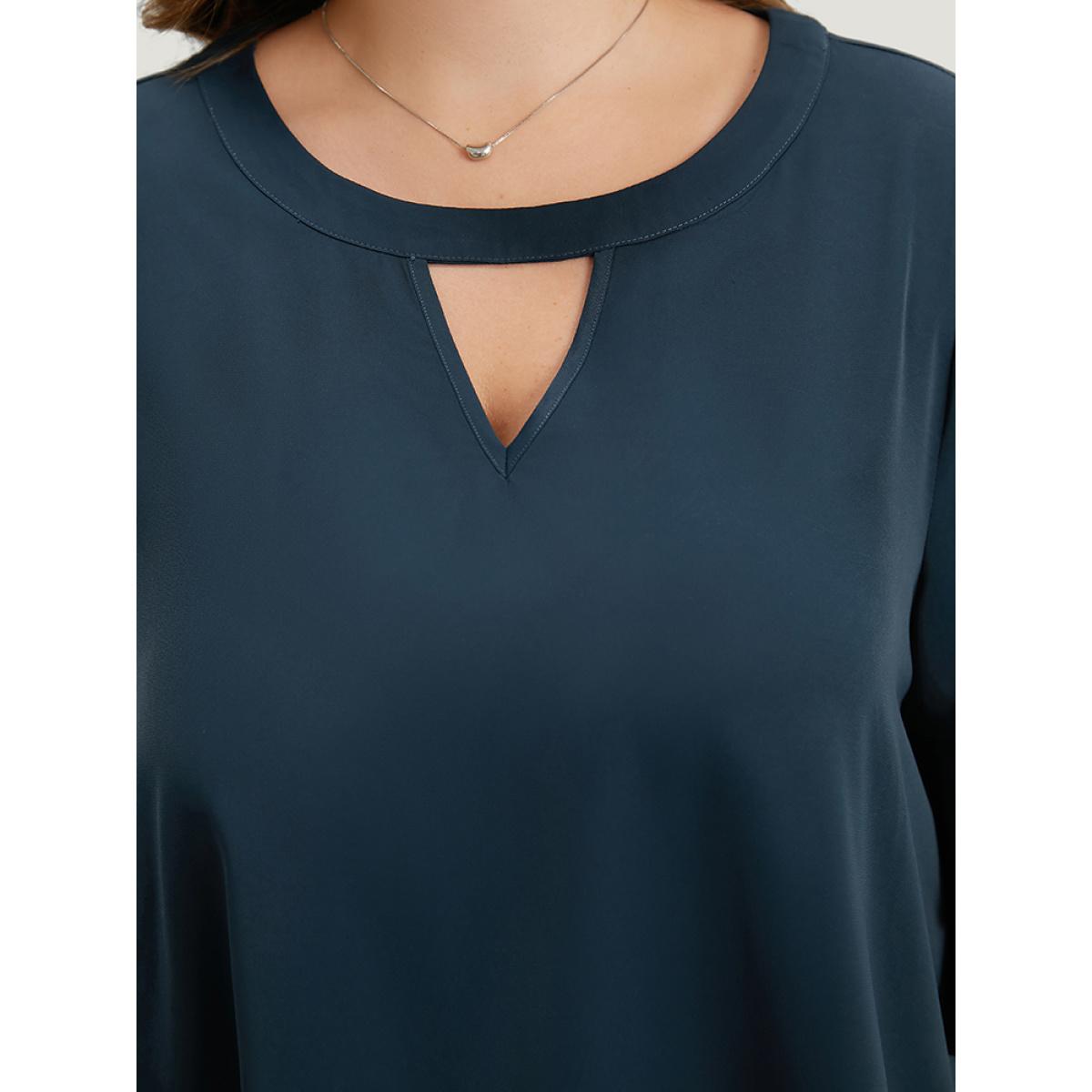 Plus Size Indigo Anti-Wrinkle Plain Keyhole Ruffle Layered Sleeve Blouse Women Office Half Sleeve Round Neck Work Blouses BloomChic 26/4X Product Image