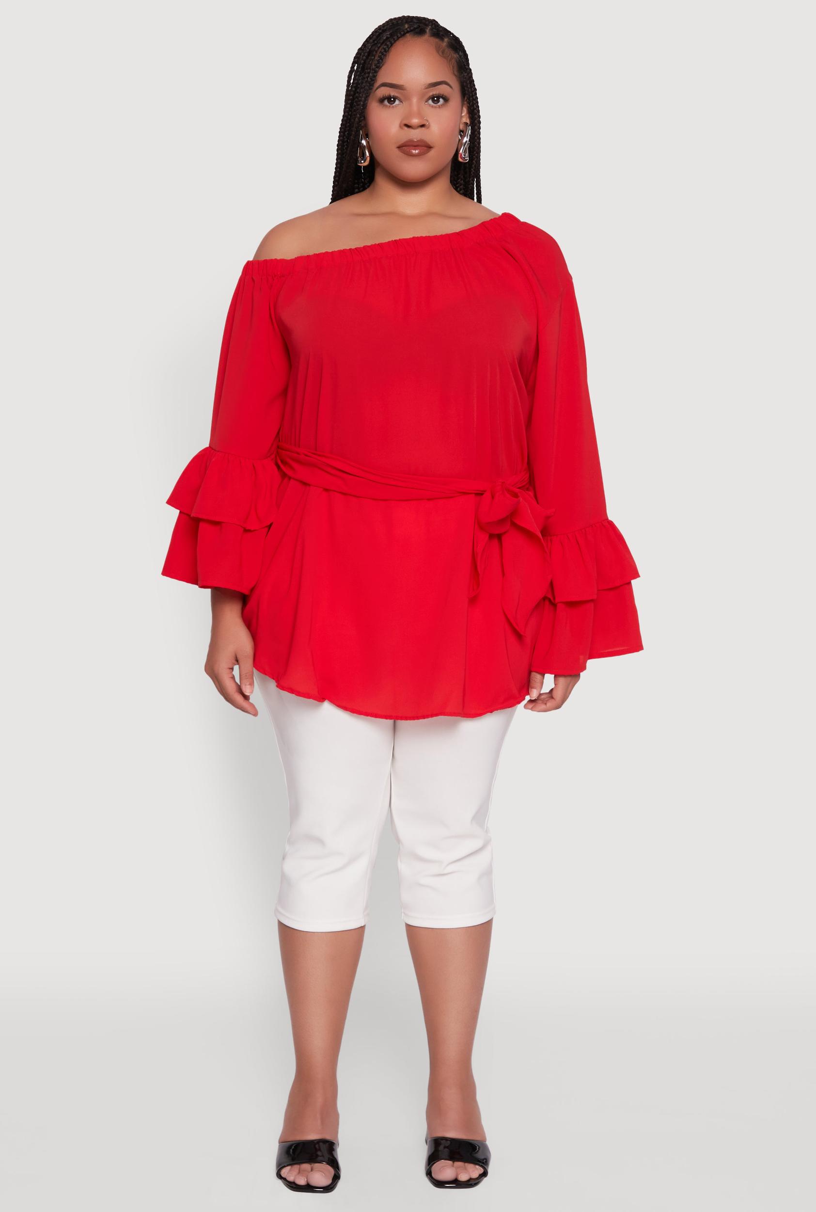 Plus Size Stylish One Shoulder Bell Sleeve Blouse with Ruffles Female Product Image