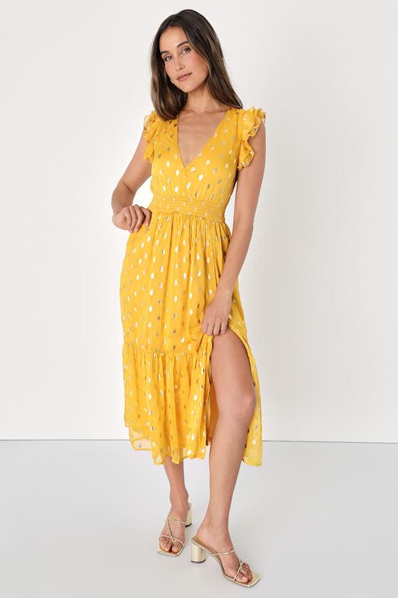 Cause to Celebrate Yellow and Gold Dot Ruffled Tiered Midi Dress Product Image