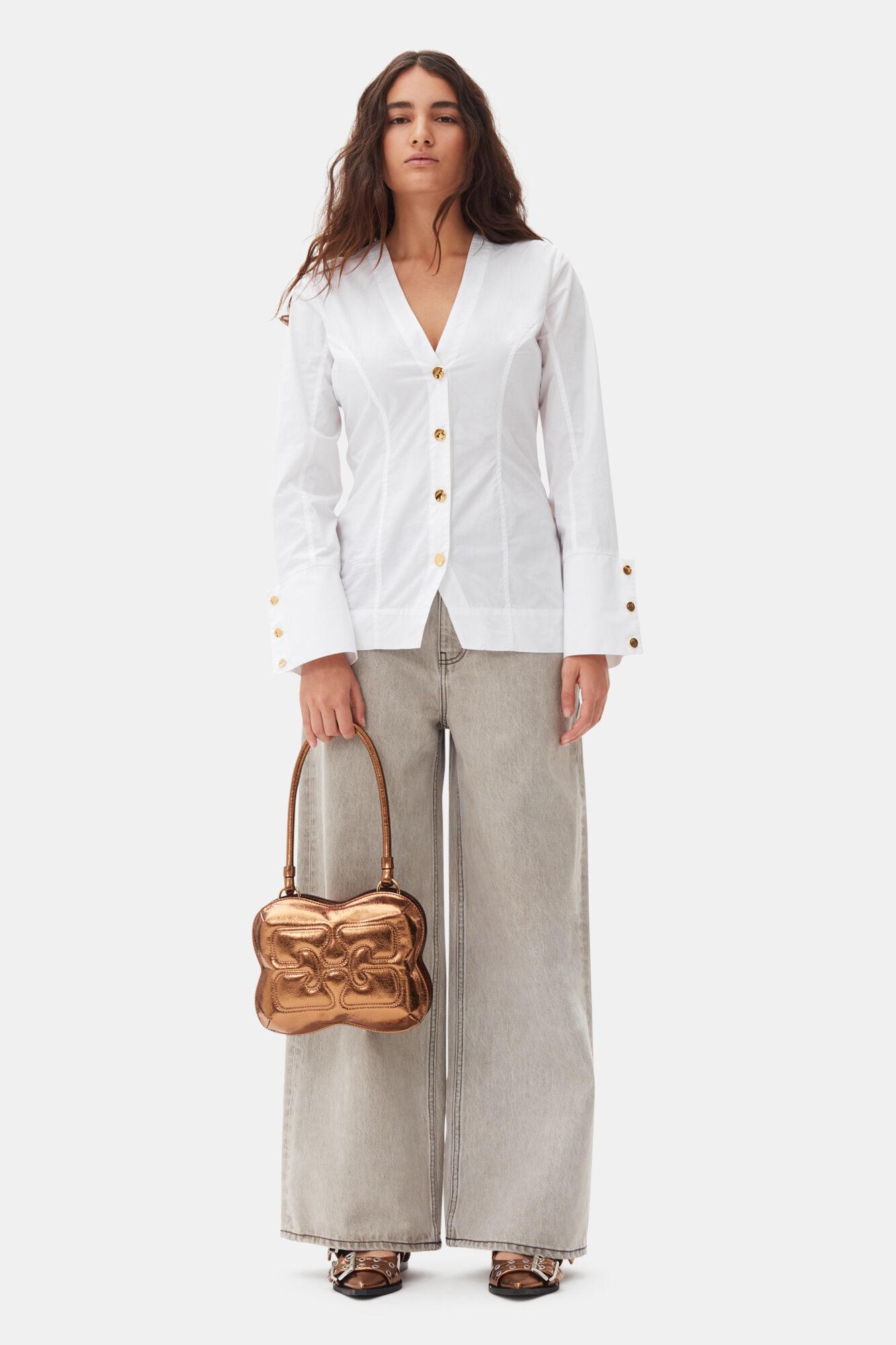 White Cotton Poplin V-neck Shirt Product Image