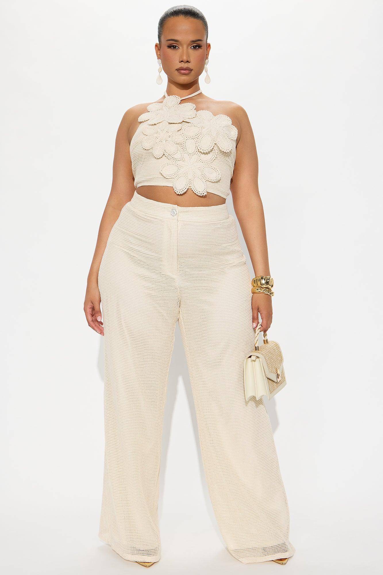 Maya 3D Flower Crochet Pant Set - Cream Female Product Image