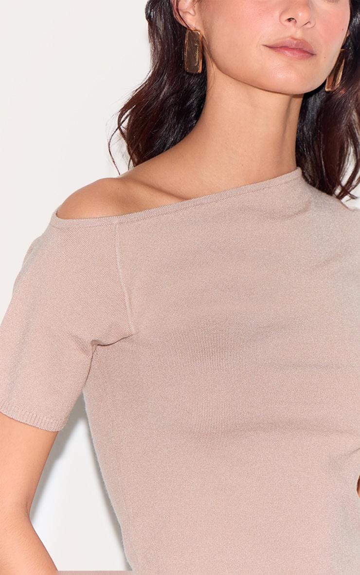 Taupe Basic Knit Asymmetric Neckline Top Product Image